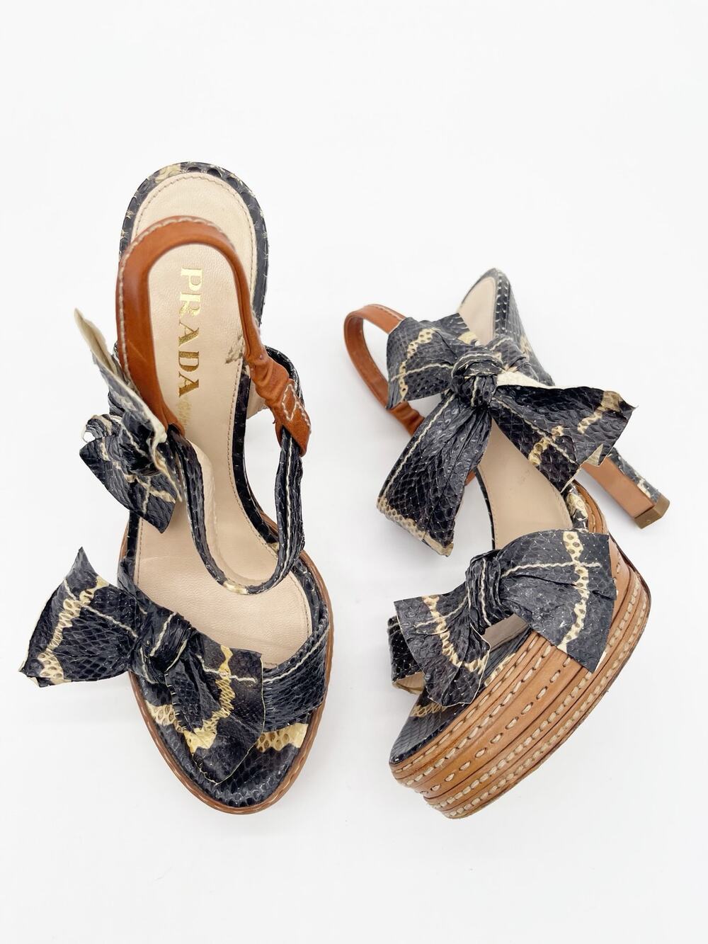 Prada S/S 2009 Runway Python Snakeskin Bow Platform Slingback Sandals IT 37.5